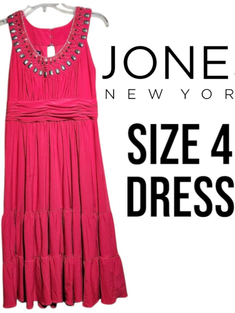 Jones New York Size 4 Red Dress Beads at the Neckline Beaded Beading Length 39"